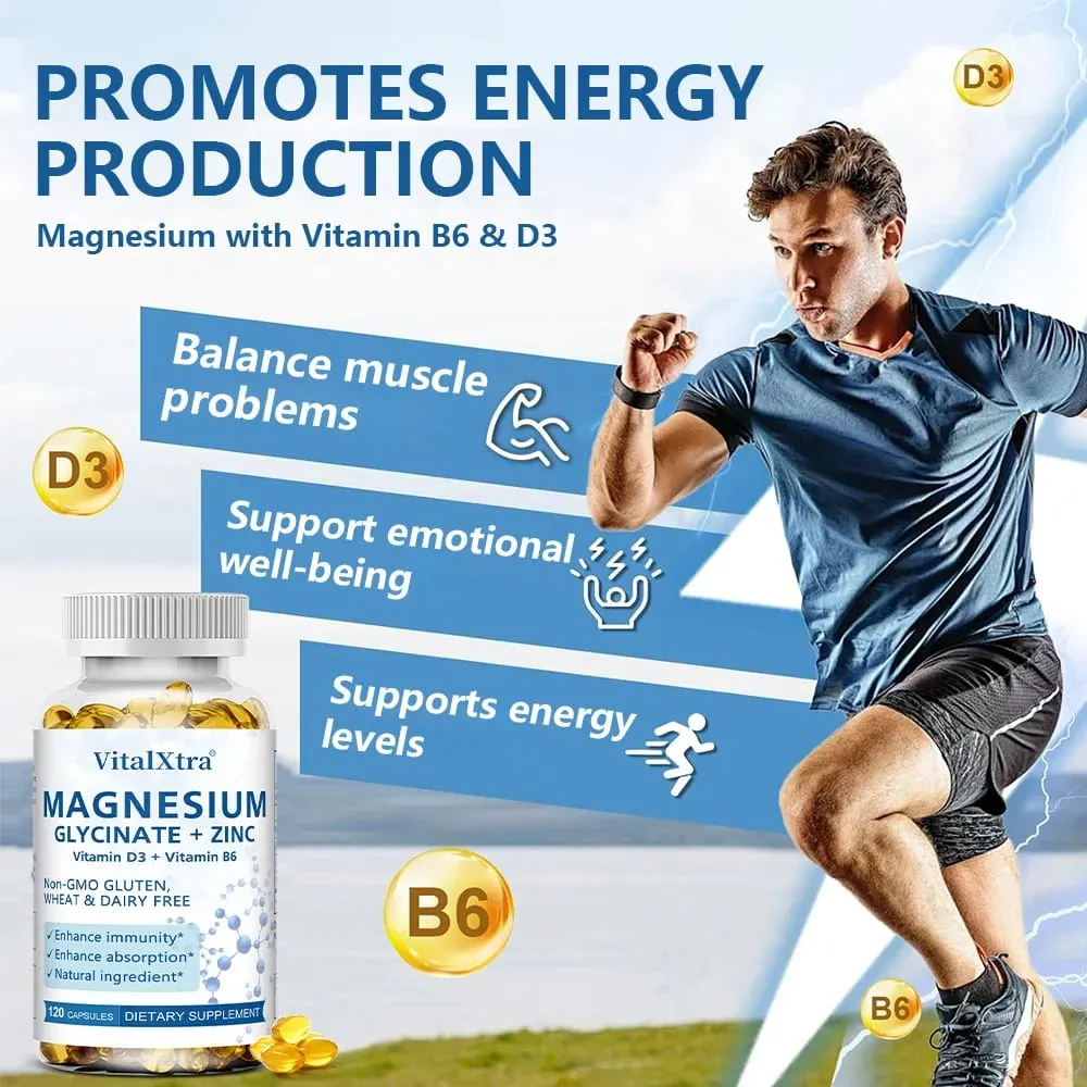 Magnesium Glycinate + Zinc Supplement - Supports Bones Immune System Heart Health Mineral Supplement Helps with Natural Sleep