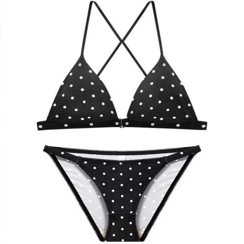 Sutiã sem fio feminino retro bolinhas triângulo copo conjunto bralette fechamento frontal estilo biquíni conforto push up elegante conjunto de roupa interior