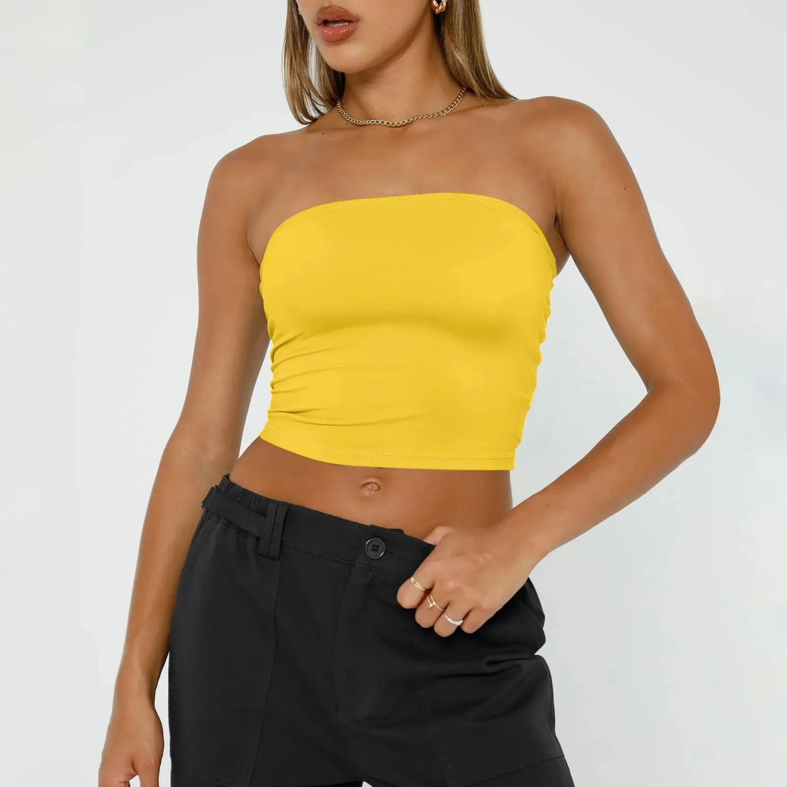 Top curto feminino sem alças, básico, sem costas, sem mangas, bandeau, fofo, sexy, tendência, moda de rua, clássico, sólido, tubo — image 13