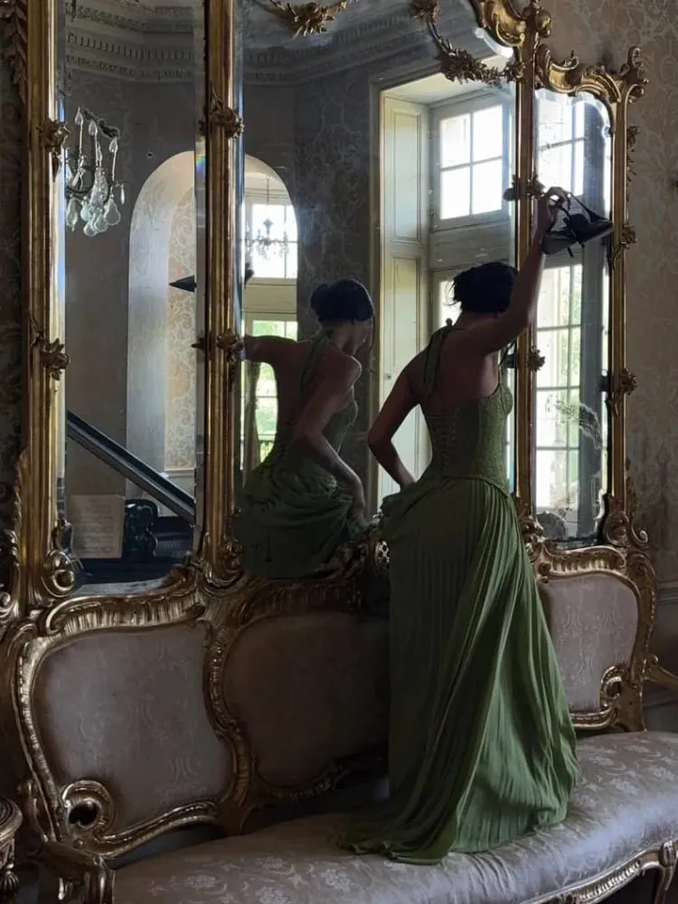 Chique verde espinha de peixe halter vestido longo senhora sexy sólido sem costas plissado fora do ombro vestidos de linha a 2026 novo vestido de festa de natal