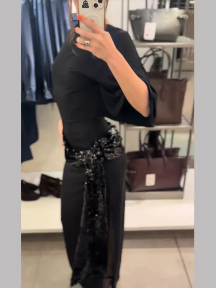Lantejoulas retalhos sem costas vestido feminino elegante sólido manga média cinched-cintura magro vestidos longos moda festa de noite