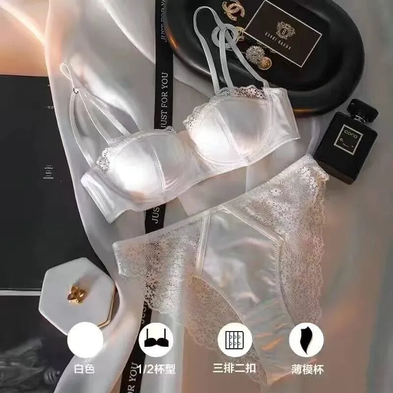 Europeu-americano sexy cetim meia xícara confortável conjunto de roupa interior de suporte superior fino com anel de aço borda de renda verde sutiã brilhante