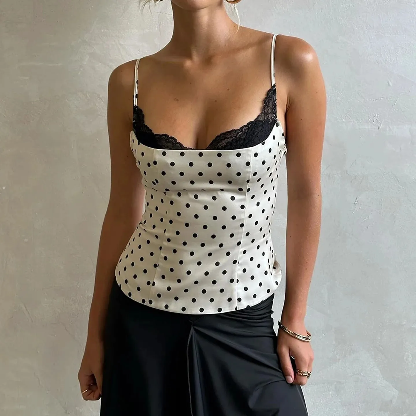 Chique rendas retalhos polka dot camis topos elegante sem mangas regata verão casual uso diário streetwear camisola 2026
