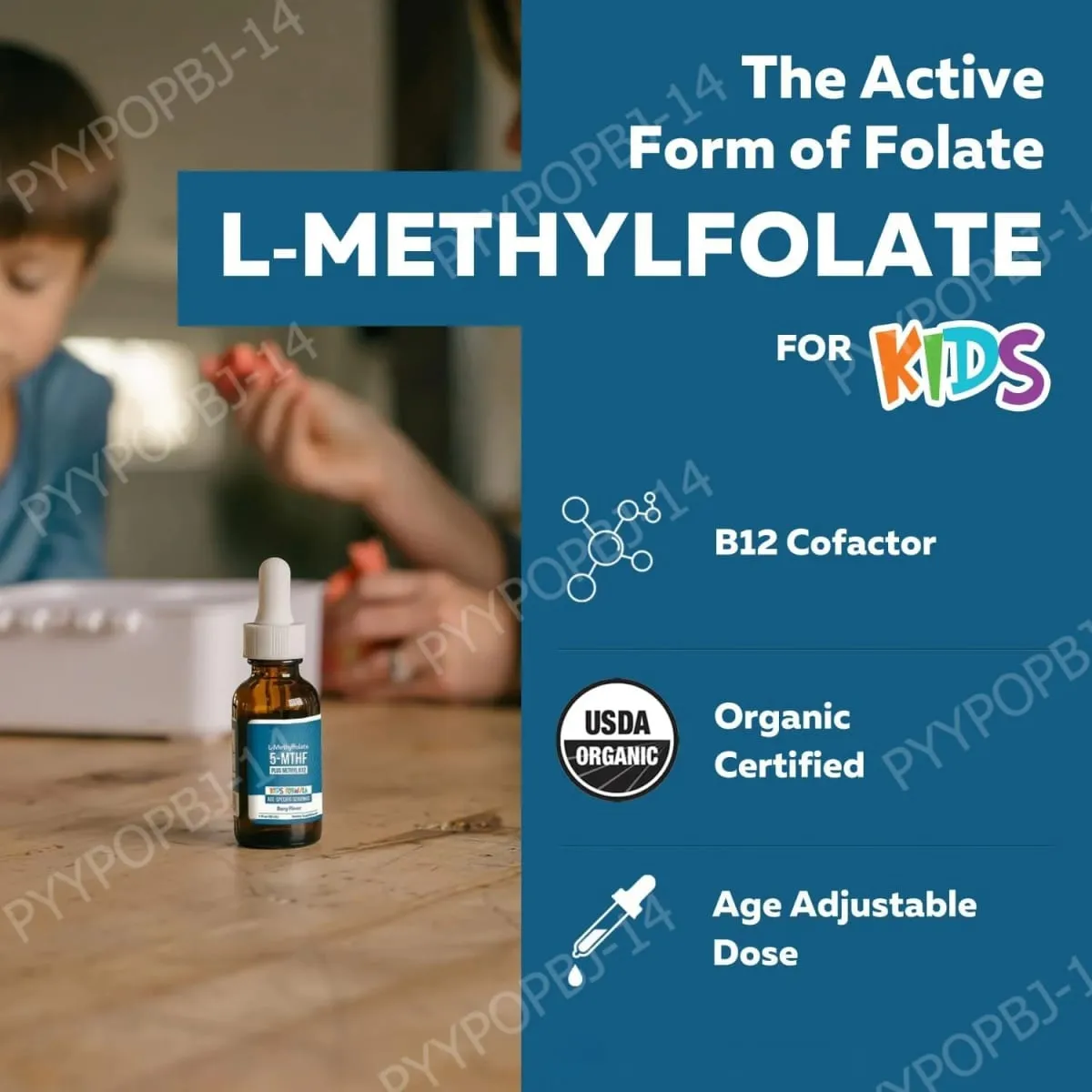Gotas líquidas infantis de L-Metilfolato 5-MTHF com suporte de folato ativo de metil B12 1 fl oz USDA orgânico vegano não OGM — image 3
