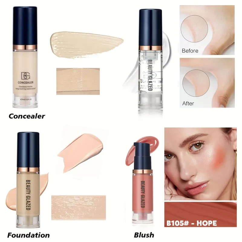 Conjunto de 4 peças de primer + corretivo + base líquida + blush líquido fosco veludo à prova d'água base blush maquiagem para viagens