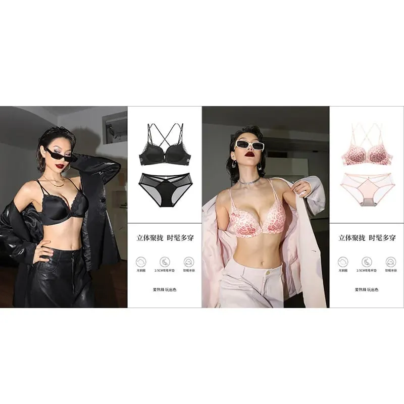 Victoria estilo conjunto de lingerie sem fio rosa leopardo padrão fechamento frontal sutiã sensual volta push up para busto pequeno 32-38