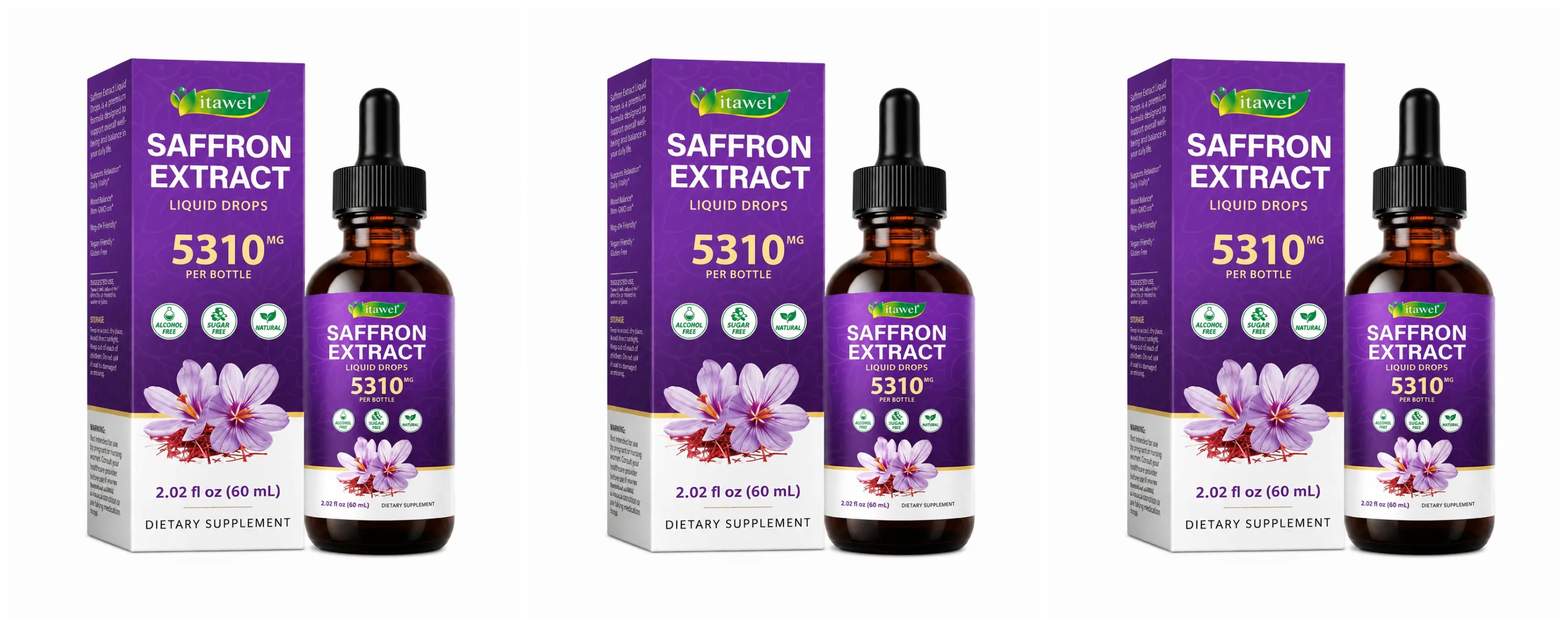Gotas líquidas de extrato de açafrão 117mg por porção para antioxidante, humor equilibrado, sono saudável e suporte de conforto pré-menstrual 60ML