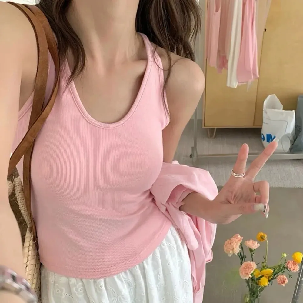 Estilo coreano com almofada no peito cinta colete u-pescoço cor sólida sem costas sem mangas superior emagrecimento feminino camis verão