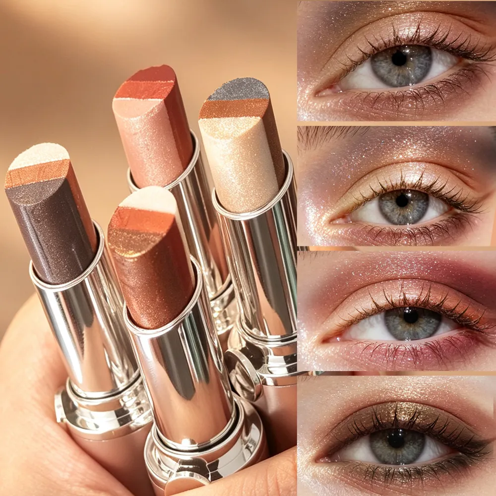 Bastão de sombra gradiente em 3 cores, creme de contorno brilhante, sombra à prova d'água, resistente a manchas, maquiagem rápida para os olhos
