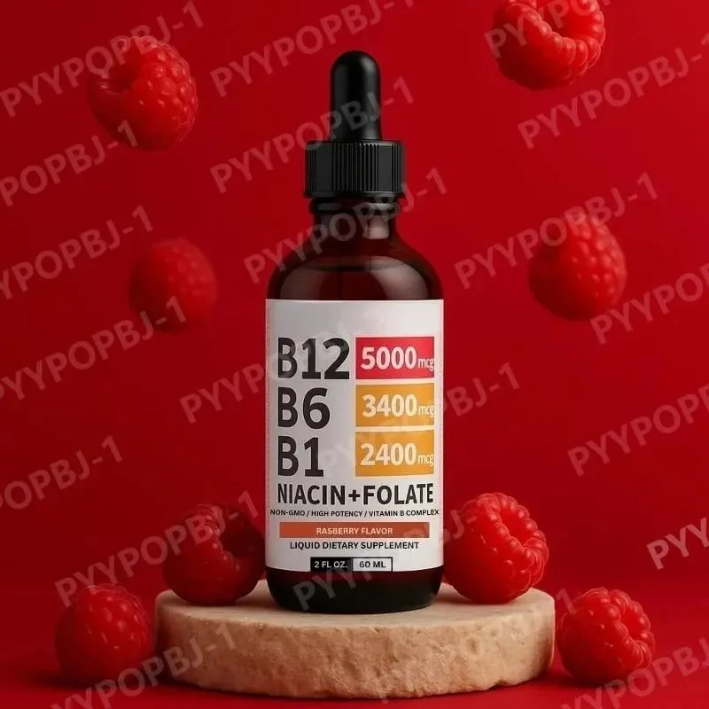 Gotas líquidas de complexo de vitamina B 5 em 1 B12 B6 B1 Niacina Folato Suporte para metabolismo de energia normal Saúde do sistema imunológico
