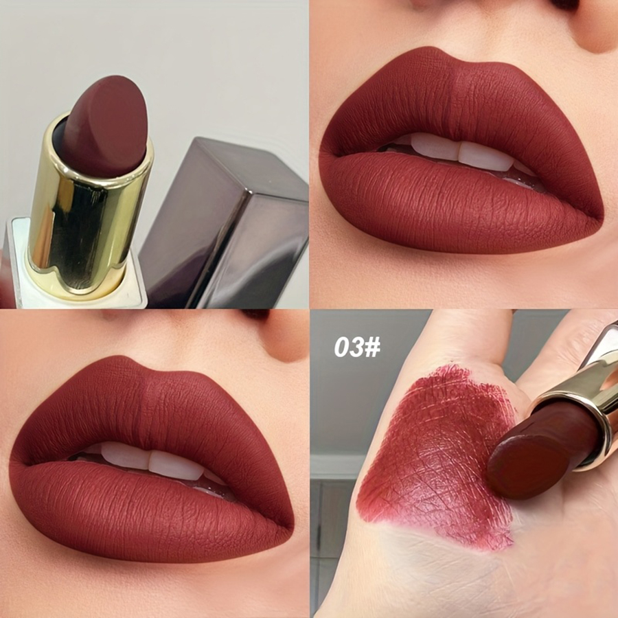 Disponível em 3 tons de batom fosco veludo fosco à prova d'água brilho labial que não desbota que realça a cor e ilumina os lábios.