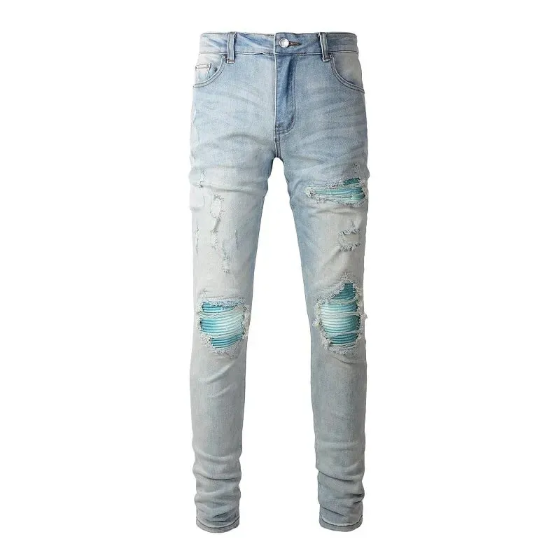 Buraco lápis calças masculinas lavado angustiado retalhos jeans cintura baixa 2024 vintage básico tornozelo comprimento calças jeans magros