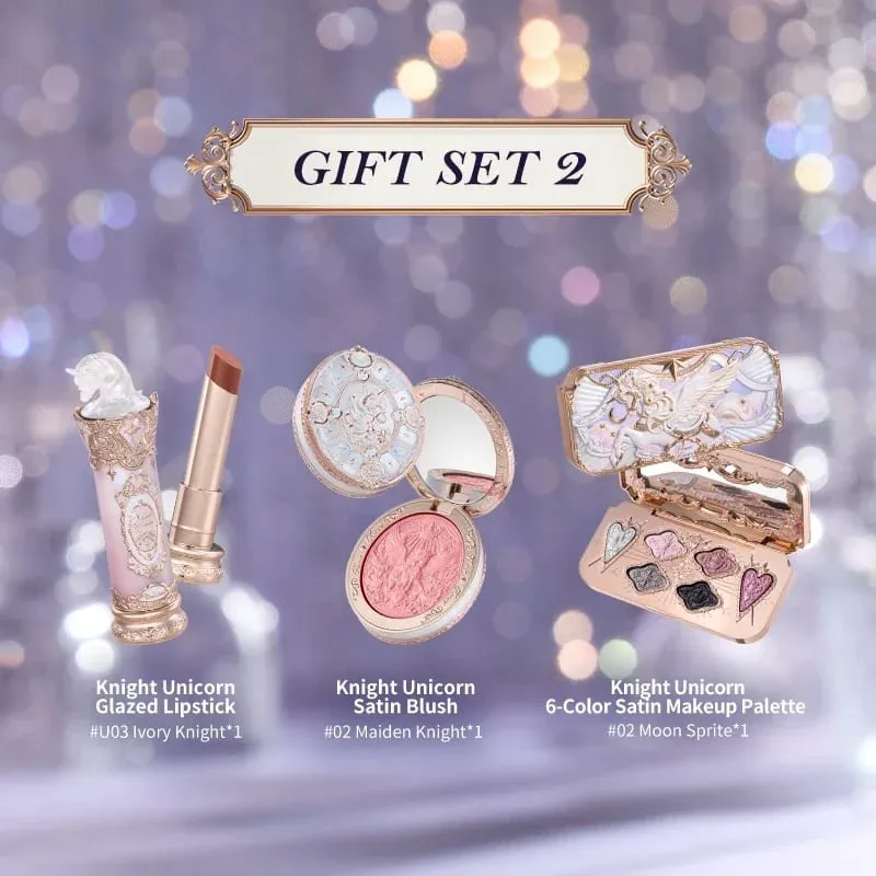 Flower Knows Knight Unicorn Collection Makeup Gift Set 3PCS Kit Eye Shadow Palette Long Lasting Lipstick Blusher Setting Powder