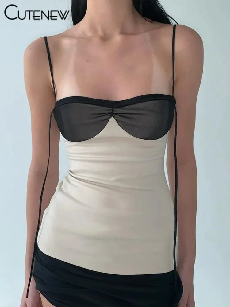 Cutenew painel feminino mini vestido conciso borla retalhos envolto peito irregular sem costas super-curto vestido tendência streetwear