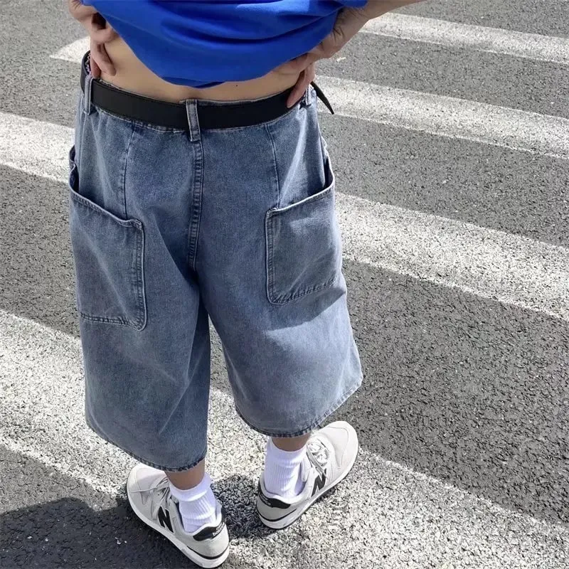 Jeans Pants Men Summer Short Jeans Big-Pockets Breeches Hip Hop Streetwear Baggy Denim Shorts Casual Wide-Leg Capris Pants