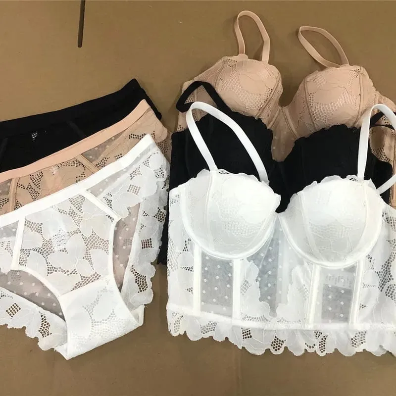 Malha renda push up meia xícara conjunto de sutiã roupa interior com alças removíveis 7 breasted broadside forma sutiã feminino bela lingerie sexy