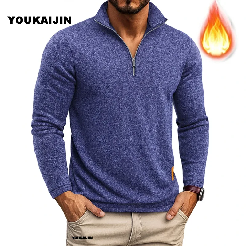 Moletom masculino primavera mais grosso pulôver quarto zíper pulôver para masculino com capuz ao ar livre sweatshir outono cor sólida gola alta