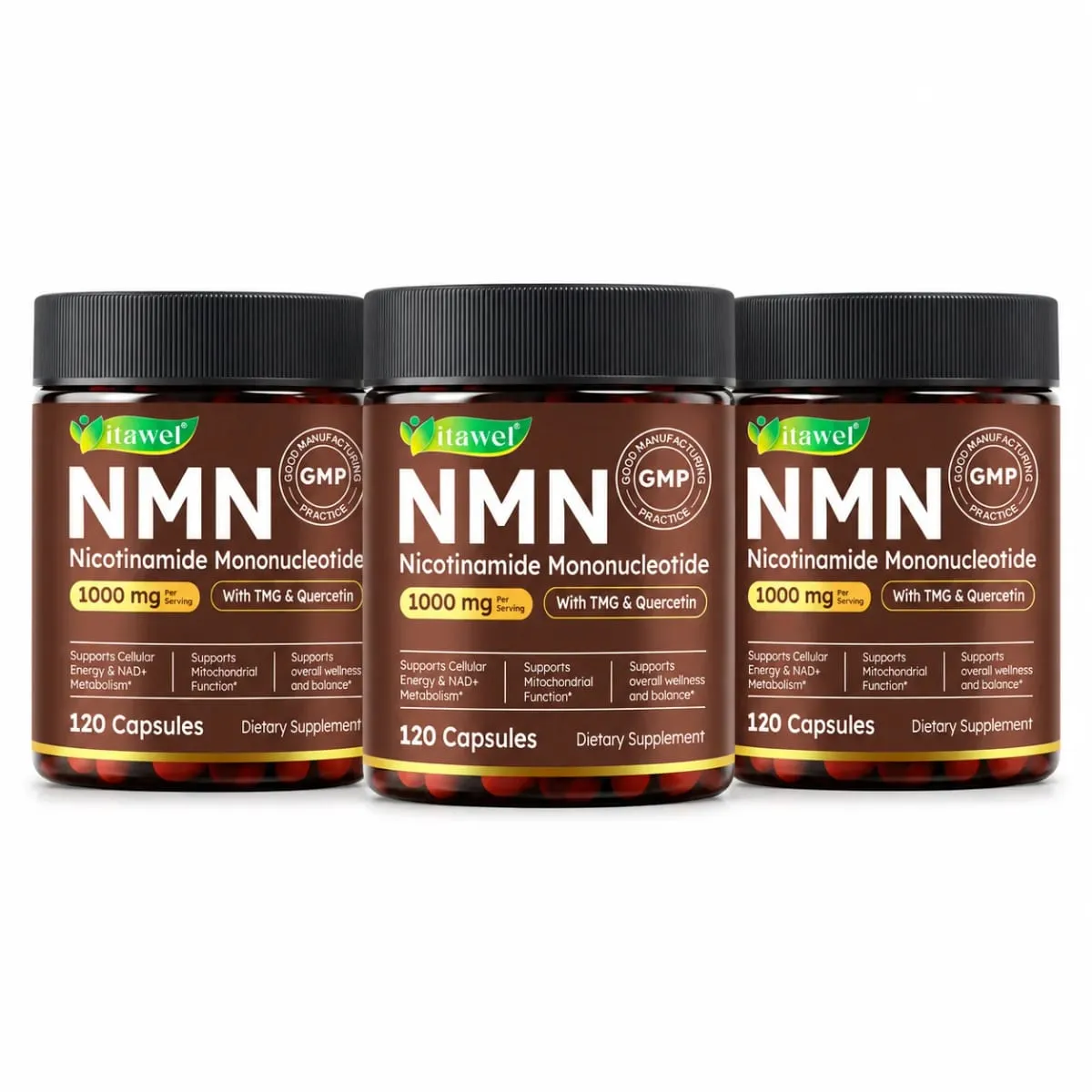 NMN Cápsulas 1000mg Beta Nicotinamida Mononucleotídeo TMG Quercetina Resveratrol NAD+ Metabolismo Função Mitocondrial 120 Contagens