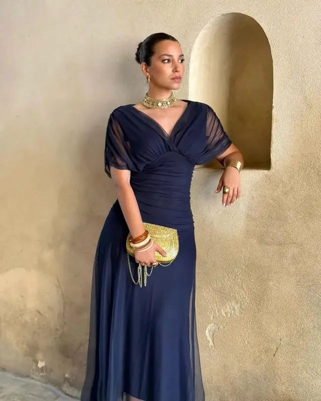 Feminino sólido profundo decote em v malha vestido longo elegante puff manga curta ruched cintura alta vestidos 2026 verão senhora casual rua robe