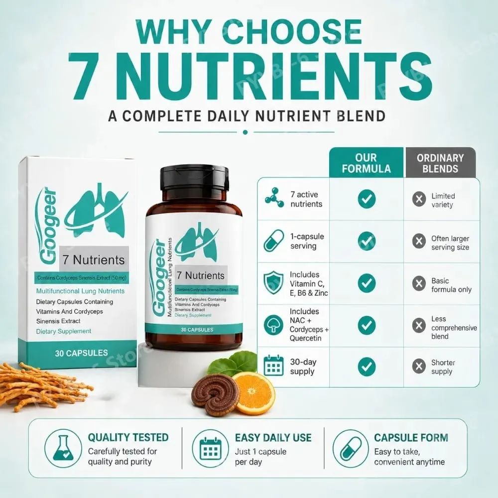 Googeer 7 Nutrientes Cápsulas de Nutrição Pulmonar com Extrato de Cordyceps Sinensis e Vitaminas Suplemento Diário de Bem-Estar Respiratório 30Ct