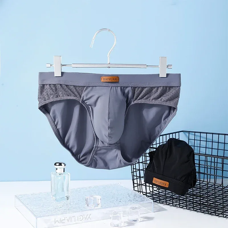 Cuecas masculinas de malha de seda gelo de verão, secagem rápida, bolsa em u, virilha separada, roupa íntima respirável, design triangular para conforto