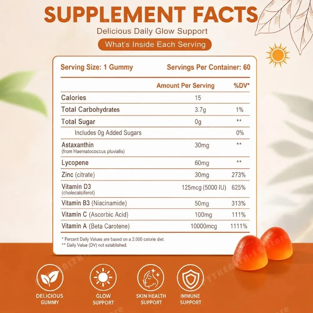 Tanning Gummies for Women Sunless Bronzing Glow Support Vegan Sugar-Free Non-GMO Astaxanthin & Lycopene 60 Count