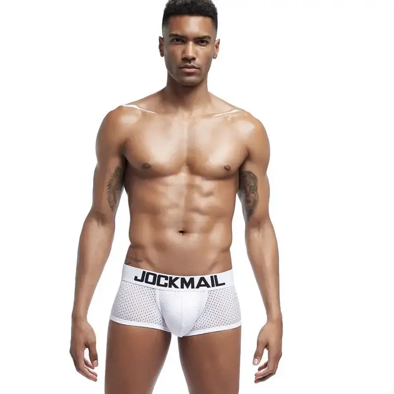 Jockmail Boxers Sexy Mens Panties Mesh Quick-drying Breathable Calzoncillos Solid Color Simple Boxers Hombre Semi-transparent