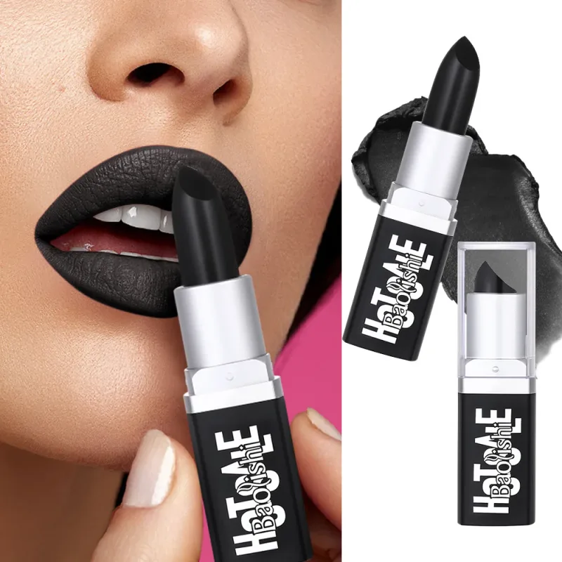 Batom preto fosco perolado textura dupla batom escuro halloween criativo cos maquiagem labial personalizada