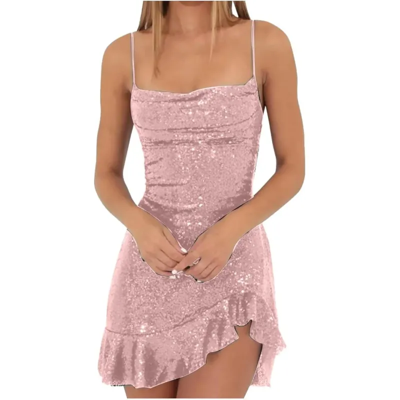 Sexy Sequin Women's Dresses Soild Color Backless Spaghetti Strap Sleeveless Club Party Dresses Ladies Irregular Ruffle Hem Dress