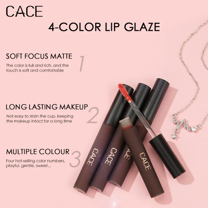 Conjunto de maquiagem de batom líquido fosco, 4 unidades, sexy, vermelho, brilho labial, duradouro, à prova d'água, cosméticos com colar
