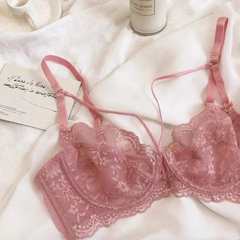 Ladies New Thin Lace Lingerie Set Soft Underwire Bra Push Up Support Bust Minimizing Anti Sagging Soft Comfort Wear 32-42