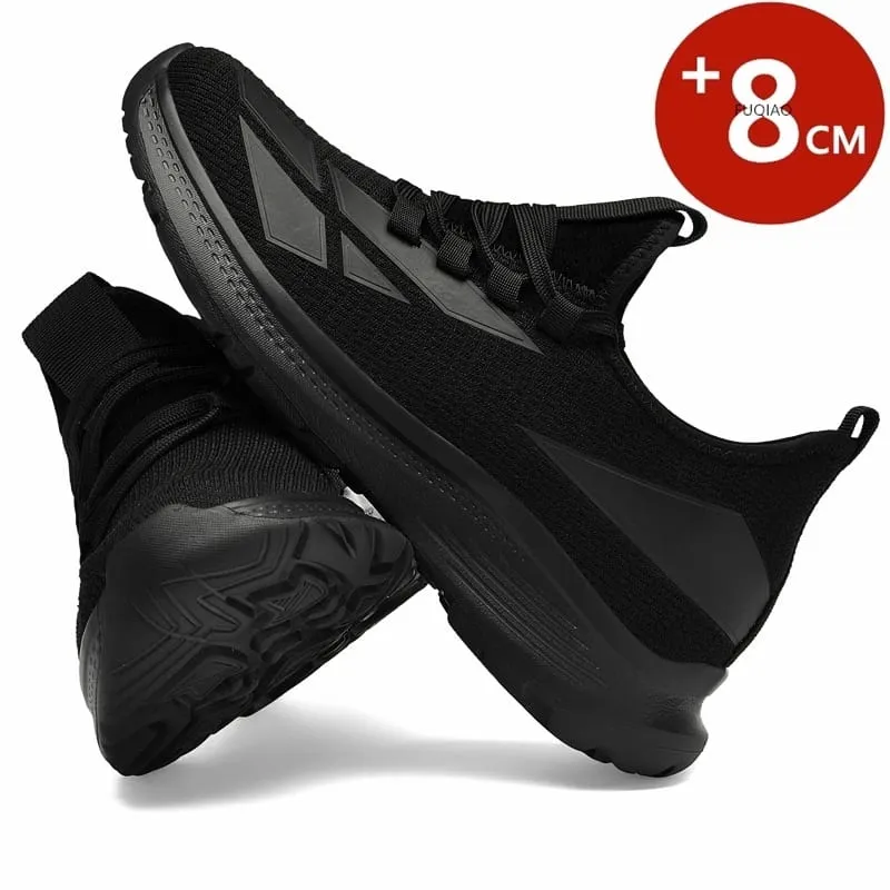 Homens todos pretos malha respirável sapatos elevador 8cm aumento de altura invisível antiderrapante esportes casuais tênis de treino de caminhada diária