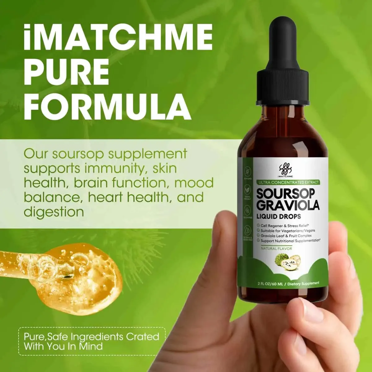 Gotas líquidas de graviola de graviola orgânica para suporte celular antioxidante natural e regeneração, reforço imunológico rico em multivitamínico