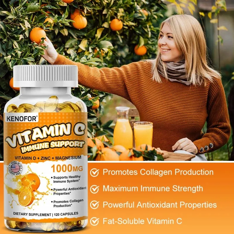 Suplemento de vitamina C para suporte imunológico e proteção antioxidante, vegano, não transgênico, sem glúten, 30/60/120 cápsulas