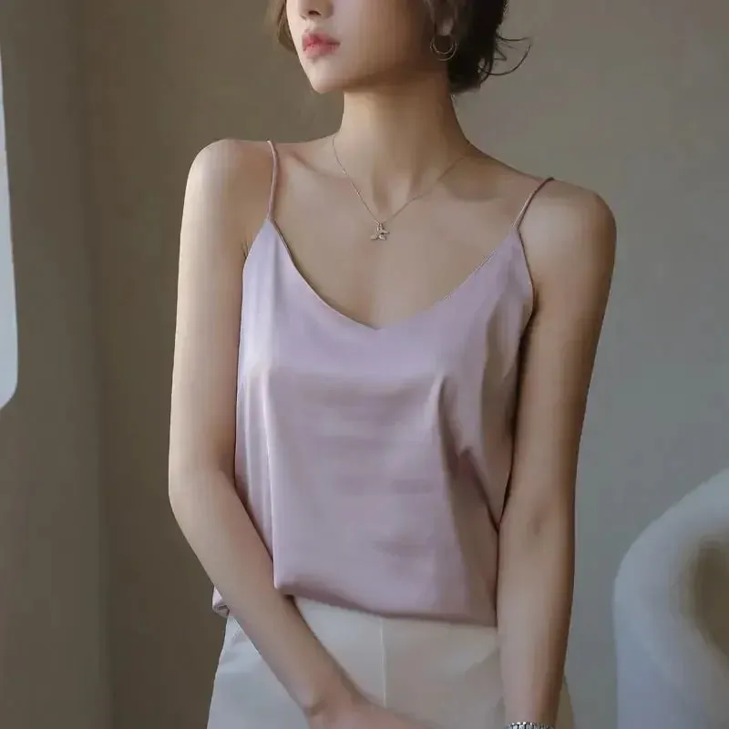 Mulheres Halter V Neck Básico Branco Cami Spaghetti Strap Top Sem Mangas Cetim De Seda 2026 Regatas Femininas Camisola De Verão