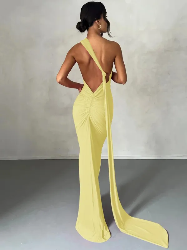Hugcitar One Shoulder Backless Adjustable Scarf Loop Ruched Sexy Maxi Dress Women Elegant Y2K Streetwear Festival Outfit