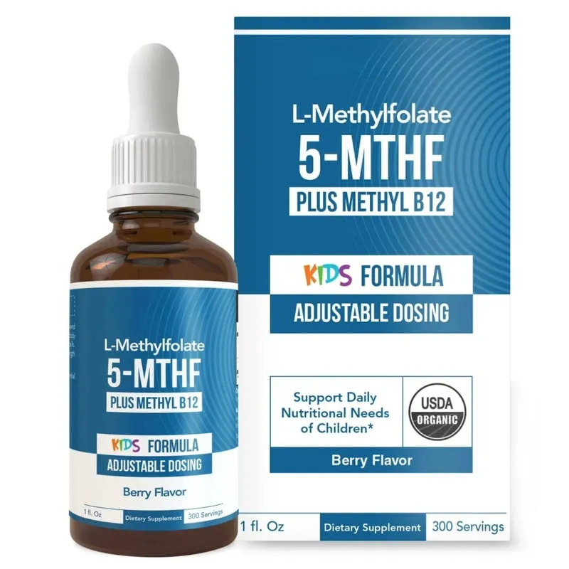 Gotas líquidas infantis de L-Metilfolato 5-MTHF com suporte de folato ativo de metil B12 1 fl oz USDA orgânico vegano não OGM