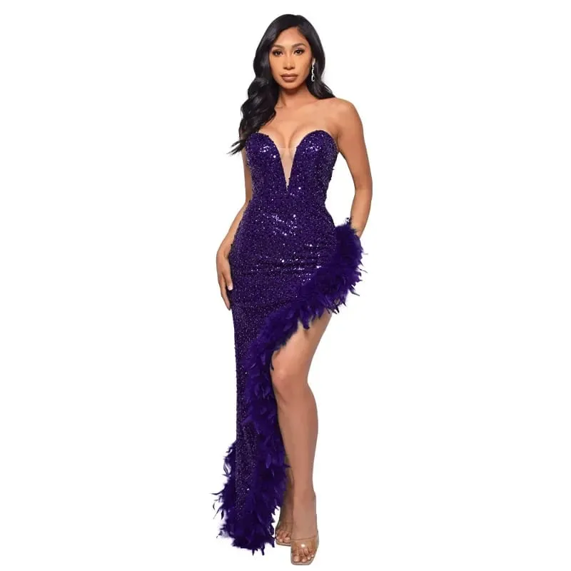 yaya feminino lantejoulas sem alças pena alta lateral divisão sem alças bodycon midi maxi vestido sexy clube até vestidos de festa