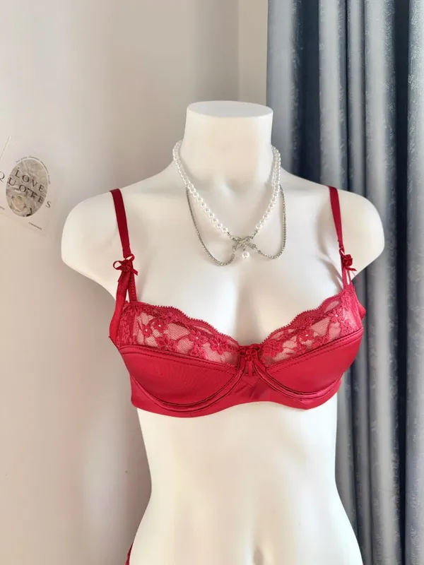 Conjunto de sutiã minimizador de renda vermelha, popular, meia xícara, ultra fino, busto grande, suporte macio, festa de noiva, lua de mel, noite, 32-38