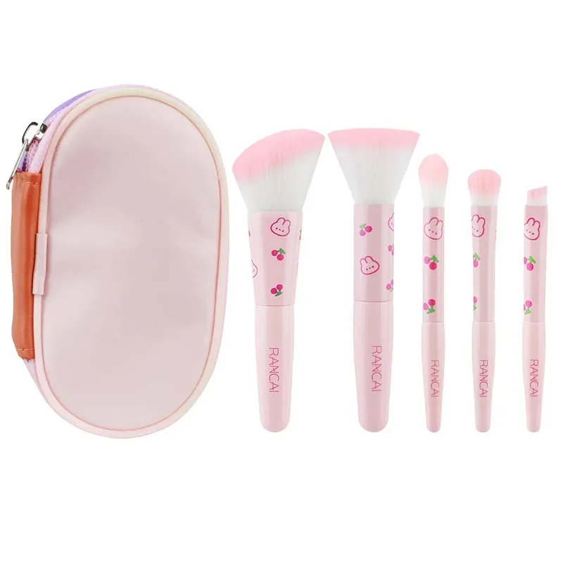 5Pcs Cute Compact Makeup Brush Set With Case Premium Brush for Flawless Foundation Blush Eyeshadow Application Beauty Tools