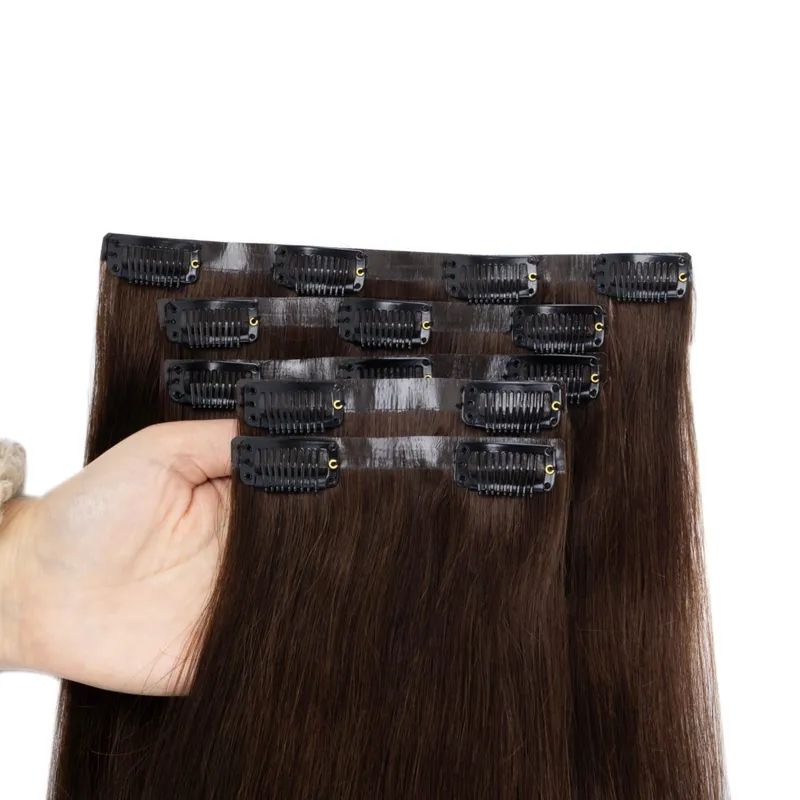 PU Seamless Clip In Hair Extensions Real Natural Invisible PU Tape Weft Clip Ins Machine Remy 12-24inch Invisible Clip Ins 7PCS