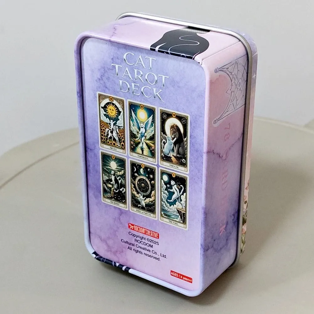78 cartas com guia de tarô de gato, baralho de tarô com tema de gato branco fofo, cartas de adivinhação em caixa de lata portátil 11 * 6,2 cm