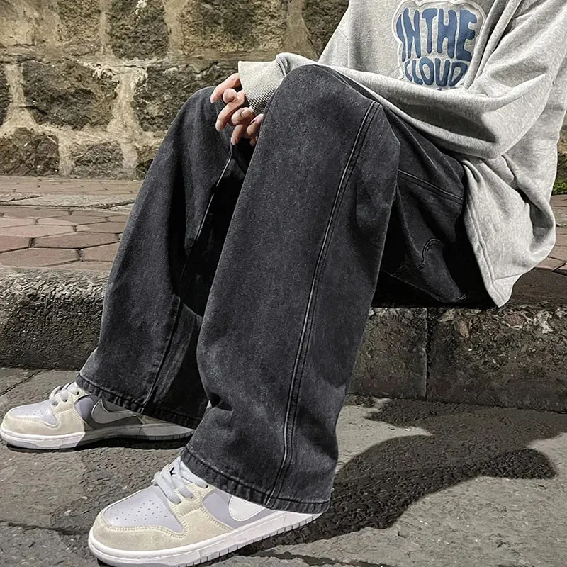 Brand Men's Jeans Korean Version Student Casual Pants High Street Straight Loose Wide Leg Jeans Black Grey Blue Baggy Jeans