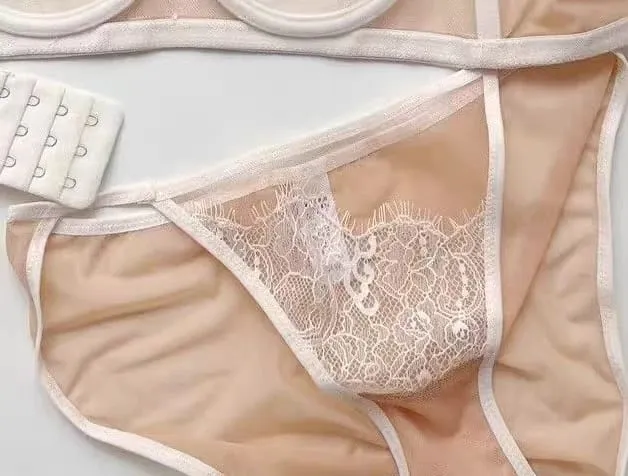 Premium Sheer Mesh Bra Set Fringed Lace Half-Cup Minimizer Ultra-Thin Luxury Lingerie Full Bust Coverage Slim Silhouette