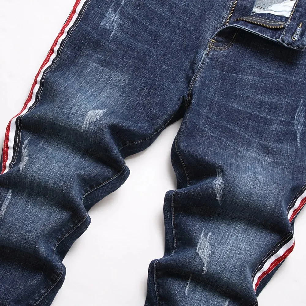 Men Side Stripe Denim Jeans Blue Stretch Washed Denim Pants Slim Straight Trousers
