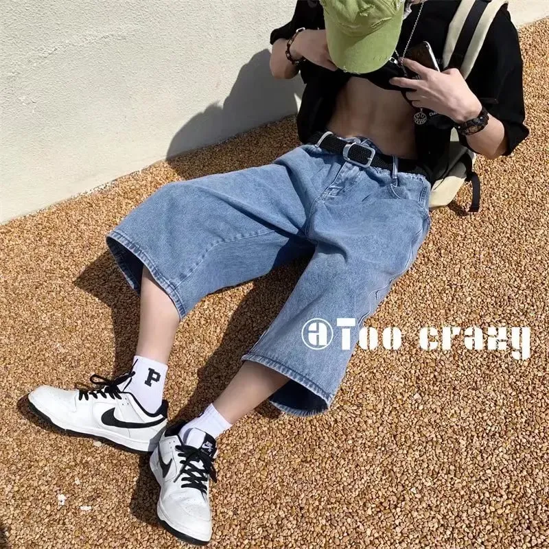 Jeans Pants Men Summer Short Jeans Big-Pockets Breeches Hip Hop Streetwear Baggy Denim Shorts Casual Wide-Leg Capris Pants