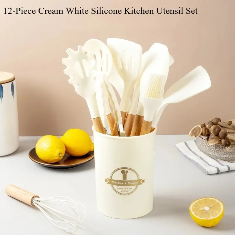 2/12 pçs conjunto de utensílios de cozinha de silicone branco com alça de madeira espátula de panelas resistente ao calor antiaderente ferramentas de cozinha — image 2