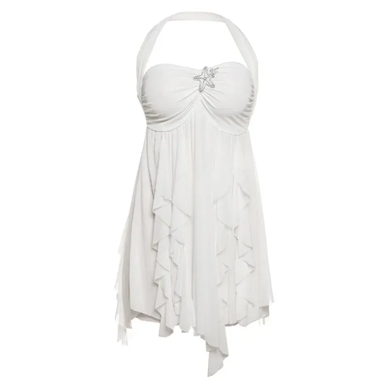 Flor impressa malha sem alças mini vestido baixo pescoço sem mangas vestidos sem costas chique high street diário commute 2025 senhora novo robe