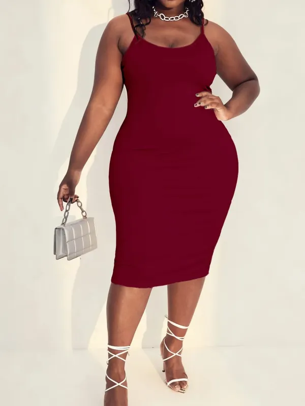 Liso sólido decote redondo silhueta de comprimento médio ampla gama de cores plus size malha alça espaguete vestido maxi amigo da pele conforto moderno moda casual para todas as estações vestido diário sem mangas para mulheres curvilíneas