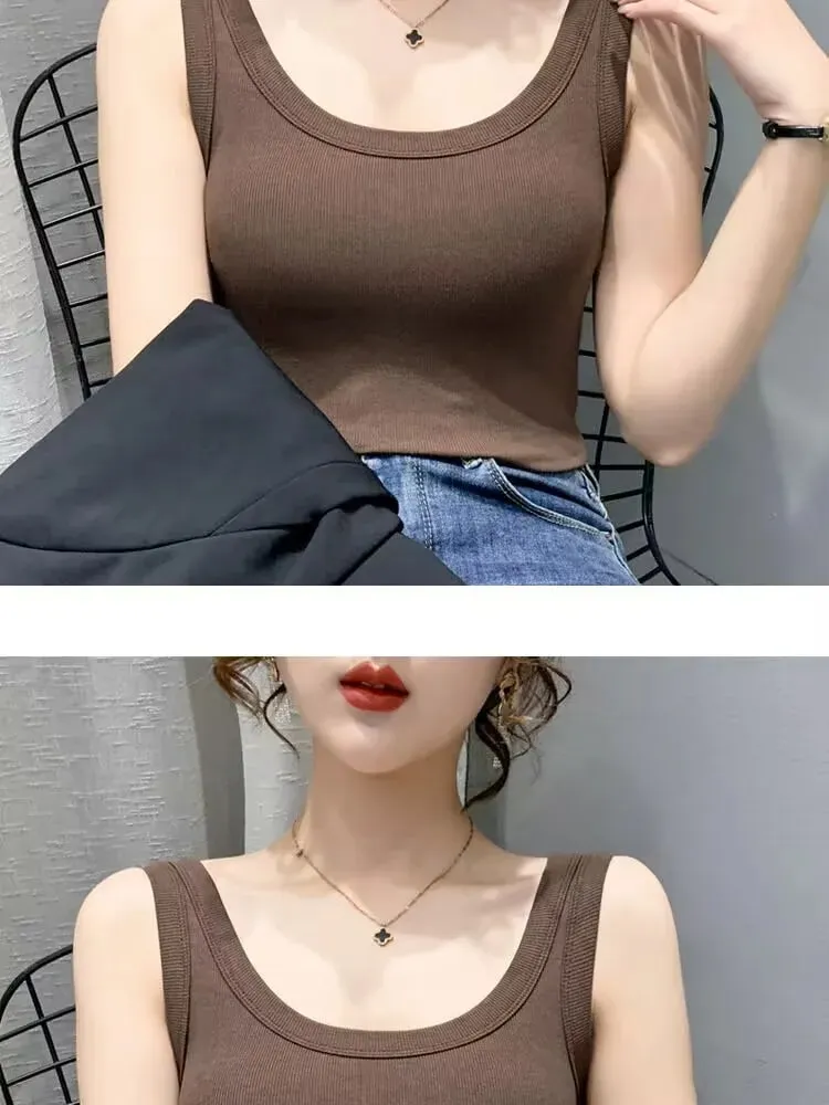 2023 verão feminino básico com nervuras de malha regata cor sólida sem mangas camisetas casuais camis verde azul elástico feminino topos